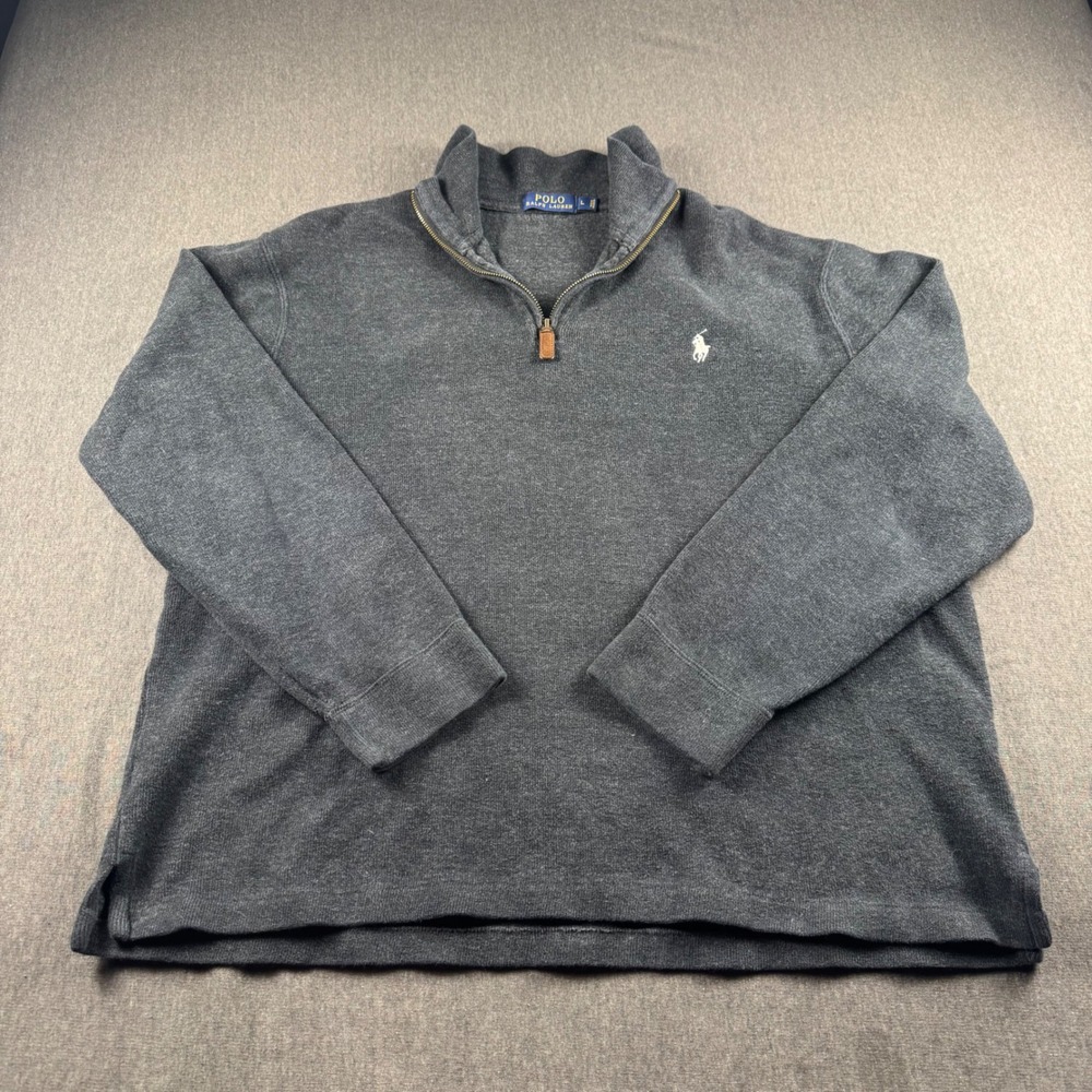 Polo Ralph Lauren Mens Quarter Zip Pullover Sweater Charcoal Gray Cotton Large - Picture 2 of 10